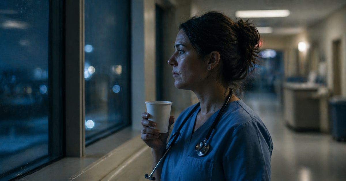 A nurse in scrubs pausing at a hospital corridor window during a night shift, soft overhead lighting and a quiet hallway behind her