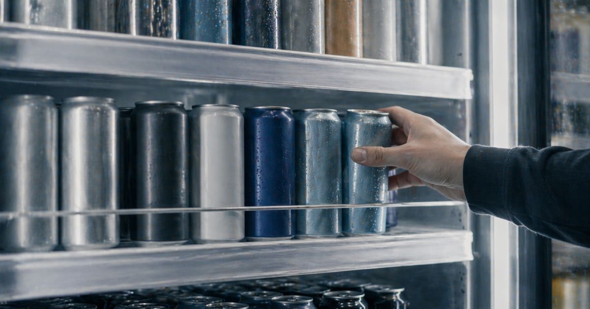 Convenience store cooler interior stocked with rows of generic unlabeled aluminum energy drink cans under soft refrigerated lighting