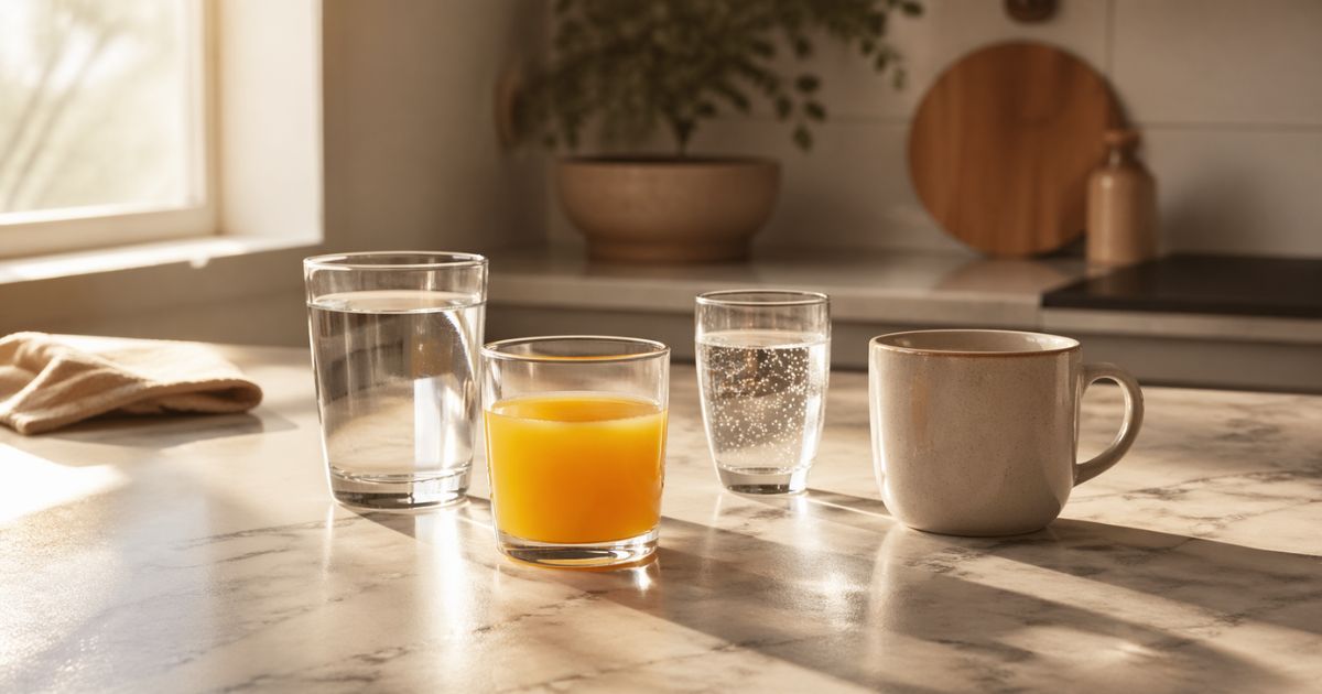 Morning kitchen counter with a water glass, orange juice, sparkling water, and coffee mug arranged in warm sunlight