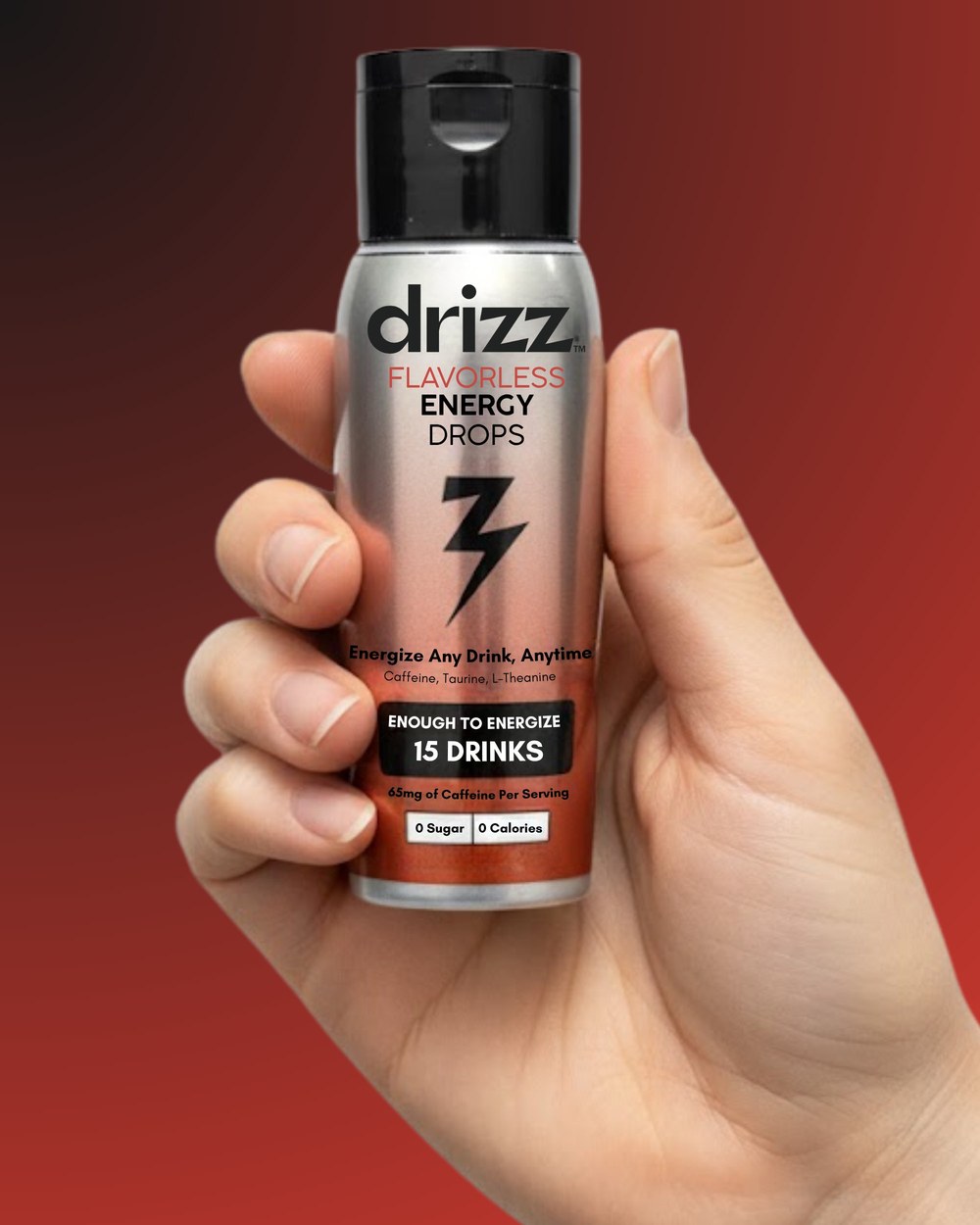 Drizz Flavorless Energy Drops 60ml bottle — 65mg green tea caffeine liquid drops held in hand against red gradient background